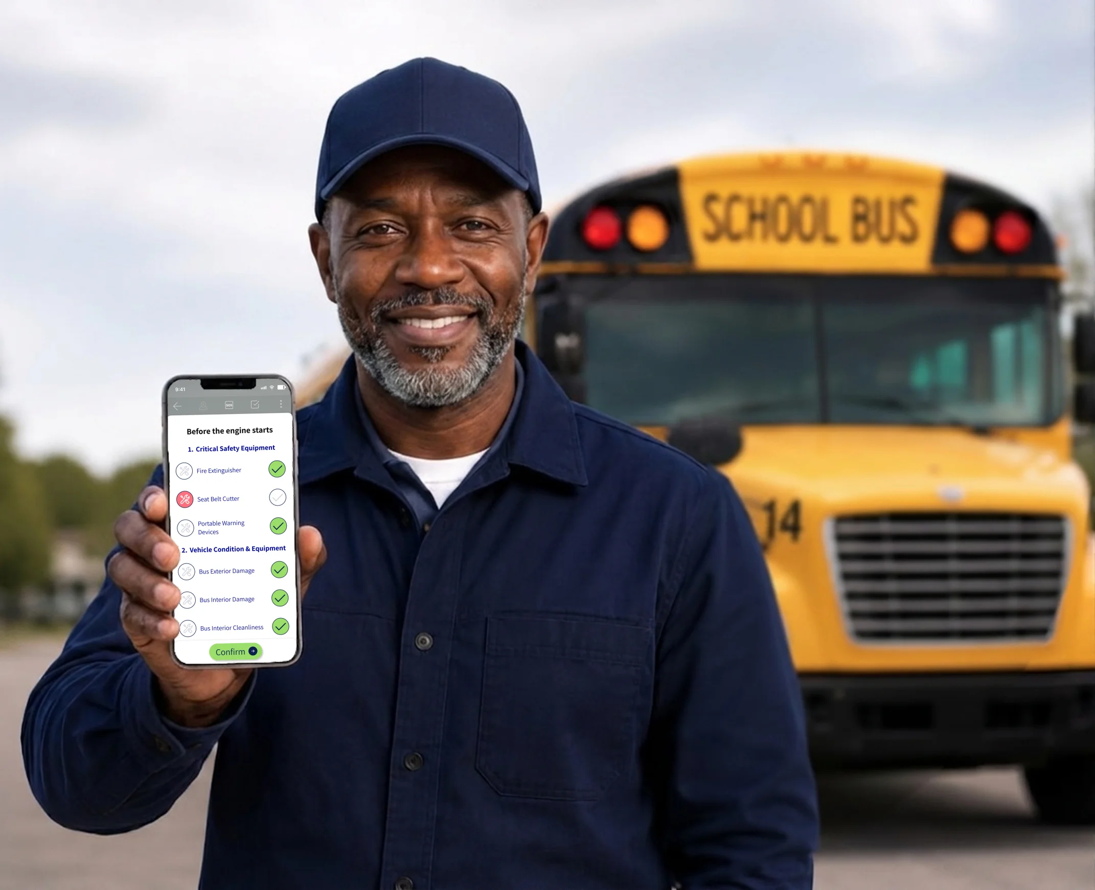 School bus driver holding a phone with the WeOrda pre-trip inspection checklist